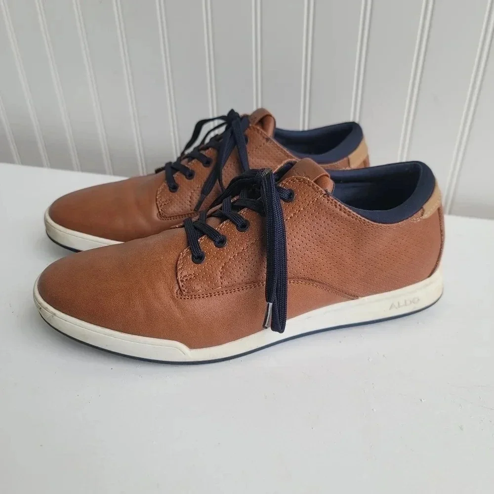 Aldo Flex Men's Size 10 Brown Tan Navy Leather Dress Shoes Rubber Sole Lace Up